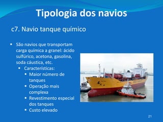 21
c7. Navio tanque químico
Tipologia dos navios
 São navios que transportam
carga química a granel: ácido
sulfúrico, acetona, gasolina,
soda cáustica, etc.
 Características:
 Maior número de
tanques
 Operação mais
complexa
 Revestimento especial
dos tanques
 Custo elevado
 
