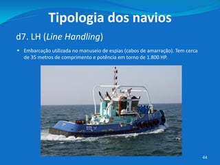 44
d7. LH (Line Handling)
Tipologia dos navios
 Embarcação utilizada no manuseio de espias (cabos de amarração). Tem cerca
de 35 metros de comprimento e potência em torno de 1.800 HP.
 