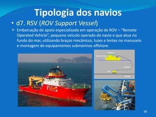 48
• d7. RSV (ROV Support Vessel)
Tipologia dos navios
 Embarcação de apoio especializada em operação de ROV – “Remote
Operated Vehicle”, pequeno veículo operado do navio e que atua no
fundo do mar, utilizando braços mecânicos, luzes e lentes no manuseio
e montagem de equipamentos submarinos offshore.
 