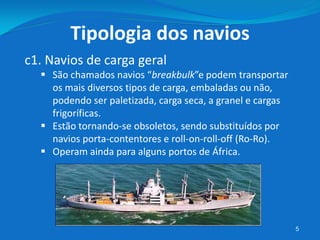 5
c1. Navios de carga geral
 São chamados navios “breakbulk”e podem transportar
os mais diversos tipos de carga, embaladas ou não,
podendo ser paletizada, carga seca, a granel e cargas
frigoríficas.
 Estão tornando-se obsoletos, sendo substituídos por
navios porta-contentores e roll-on-roll-off (Ro-Ro).
 Operam ainda para alguns portos de África.
Tipologia dos navios
 