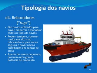 36
d4. Rebocadores
(“tugs”)
 São navios utilizados para
puxar, empurrar e manobrar
todos os tipos de navios.
 Podem também, socorrer
navios em alto mar,
rebocando-os para zonas
seguras e puxar navios
encalhados em bancos de
areia
 Apesar de serem pequenos,
possuem uma grande
potência de propulsão
Tipologia dos navios
 