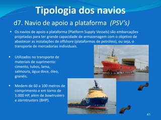 41
 Os navios de apoio a plataforma (Platform Supply Vessels) são embarcações
projetadas para ter grande capacidade de armazenagem com o objetivo de
abastecer as instalações de offshore (plataformas de petróleo), ou seja, o
transporte de mercadorias individuais.
d7. Navio de apoio a plataforma (PSV’s)
Tipologia dos navios
 Utilizados no transporte de
materiais de suprimento:
cimento, tubos, lama,
salmoura, água doce, óleo,
granéis.
 Medem de 60 a 100 metros de
comprimento e em torno de
5.000 HP, além de bowtrusters
e sterntrusters (BHP).
 