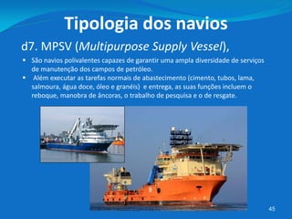 45
d7. MPSV (Multipurpose Supply Vessel),
Tipologia dos navios
 São navios polivalentes capazes de garantir uma ampla diversidade de serviços
de manutenção dos campos de petróleo.
 Além executar as tarefas normais de abastecimento (cimento, tubos, lama,
salmoura, água doce, óleo e granéis) e entrega, as suas funções incluem o
reboque, manobra de âncoras, o trabalho de pesquisa e o de resgate.
 