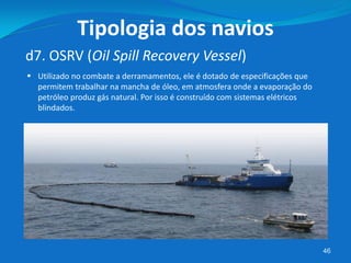 46
d7. OSRV (Oil Spill Recovery Vessel)
Tipologia dos navios
 Utilizado no combate a derramamentos, ele é dotado de especificações que
permitem trabalhar na mancha de óleo, em atmosfera onde a evaporação do
petróleo produz gás natural. Por isso é construído com sistemas elétricos
blindados.
 