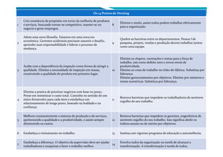 W. Edwards Deming
Os 14 Pontos de Deming
1
Crie constância de propósito em torno da melhoria de produtos
e serviços, buscando tornar-se competitivo, manter-se no
negocio e gerar empregos.
8
Elimine o medo, assim todos podem trabalhar efetivamente
para a organização.
2
Adote uma nova filosofia. Estamos em uma nova era
econômica. Gerentes ocidentais precisam assumir o desafio,
aprender suas responsabilidade e liderar o processo de
mudança.
9
Quebre as barreiras entre os departamentos. Pessoa l de
pesquisa, projeto, vendas e produção devem trabalhar juntos
como uma equipe.
3
Acabe com a dependência da inspeção como forma de atingir a
qualidade. Elimine a necessidade de inspeção em massa,
construindo a qualidade do produto em primeiro lugar.
10
Elimine os slogans, exortações e metas para a força de
trabalho, tais como defeito zero e novos níveis de
produtividade.
Elimine as cotas de trabalho no chão-de-fábrica. Substitua por
liderança.
Elimine gerenciamentos por objetivos. Elimine por números e
16
Elimine gerenciamentos por objetivos. Elimine por números e
metas numéricas. Substitua por liderança.
4
Elimine a pratica de priorizar negócios com base no preço.
Pense em minimizar o custo total. Caminhe no sentido de um
único fornecedor para cada item e estabeleça um
relacionamento de longo prazo, baseado na lealdade e na
confiança.
11
Remova barreiras que impedem os trabalhadores de sentirem
orgulho do seu trabalho.
5
Melhore constantemente o sistema de produção e de serviços,
aprimorando a qualidade e a produtividade, e assim sempre
diminuindo os custos.
12
Remova barreiras que impedem os gerentes, engenheiros de
sentirem orgulho do seu trabalho. Isso significa abolir os
índices anuais ou de mérito por objetivos.
6 Estabeleça o treinamento no trabalho. 13 Institua um vigoroso programa de educação e automelhoria.
7
Estabeleça a diferença. O objetivo da supervisão deve ser ajudar
trabalhadores e maquinas a fazer o trabalho melhor.
14
Envolva todos da organização na tarefa de alcançar a
transformação. A transformação é tarefa de todos.
 