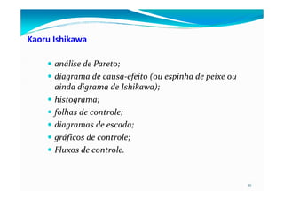 Kaoru Ishikawa
análise de Pareto;
diagrama de causa-efeito (ou espinha de peixe ou
ainda digrama de Ishikawa);
histograma;
21
histograma;
folhas de controle;
diagramas de escada;
gráficos de controle;
Fluxos de controle.
 