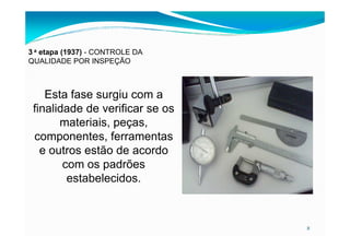 3 a etapa (1937) - CONTROLE DA
QUALIDADE POR INSPEÇÃO
Esta fase surgiu com a
finalidade de verificar se os
materiais, peças,
8
materiais, peças,
componentes, ferramentas
e outros estão de acordo
com os padrões
estabelecidos.
 