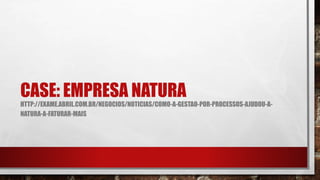 CASE: EMPRESA NATURA
HTTP://EXAME.ABRIL.COM.BR/NEGOCIOS/NOTICIAS/COMO-A-GESTAO-POR-PROCESSOS-AJUDOU-A-
NATURA-A-FATURAR-MAIS
 