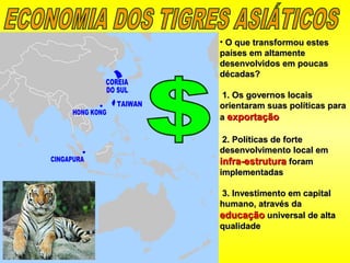• O que transformou estesO que transformou estes
países em altamentepaíses em altamente
desenvolvidos em poucasdesenvolvidos em poucas
décadas?décadas?
1. Os governos locais1. Os governos locais
orientaram suas políticas paraorientaram suas políticas para
aa exportaçãoexportação
2. Políticas de forte2. Políticas de forte
desenvolvimento local emdesenvolvimento local em
infra-estruturainfra-estrutura foramforam
implementadasimplementadas
3. Investimento em capital3. Investimento em capital
humano, através dahumano, através da
educaçãoeducação universal de altauniversal de alta
qualidadequalidade
 