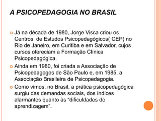 A PSICOPEDAGOGIA NO BRASIL
 Já na década de 1980, Jorge Visca criou os
Centros de Estudos Psicopedagógicos( CEP) no
Rio de Janeiro, em Curitiba e em Salvador, cujos
cursos ofereciam a Formação Clínica
Psicopedagógica.
 Ainda em 1980, foi criada a Associação de
Psicopedagogos de São Paulo e, em 1985, a
Associação Brasileira de Psicopedagogia.
 Como vimos, no Brasil, a prática psicopedagógica
surgiu das demandas sociais, dos índices
alarmantes quanto às “dificuldades de
aprendizagem”.
 