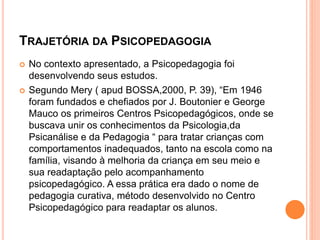 TRAJETÓRIA DA PSICOPEDAGOGIA
 No contexto apresentado, a Psicopedagogia foi
desenvolvendo seus estudos.
 Segundo Mery ( apud BOSSA,2000, P. 39), “Em 1946
foram fundados e chefiados por J. Boutonier e George
Mauco os primeiros Centros Psicopedagógicos, onde se
buscava unir os conhecimentos da Psicologia,da
Psicanálise e da Pedagogia “ para tratar crianças com
comportamentos inadequados, tanto na escola como na
família, visando à melhoria da criança em seu meio e
sua readaptação pelo acompanhamento
psicopedagógico. A essa prática era dado o nome de
pedagogia curativa, método desenvolvido no Centro
Psicopedagógico para readaptar os alunos.
 