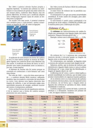 Em 1890 o químico alemão Sachse propôs a                         Em 1926 a teoria de Sachse e Mohr foi confirmada
     seguinte hipótese: "os átomos de carbono no ciclo-              experimentalmente.
     hexano (e nos ciclanos em geral) não estão todos em                A maior fonte de ciclanos são os petróleos cau-
     um mesmo plano, conforme dizia Baeyer, mas em                   cásicos e americanos.
     planos diferentes, de forma que a molécula adquire                  O ciclopentano é um gás que possui propriedades
     uma configuração espacial capaz de anular as ten-               anestésicas. É muito usado em cirurgias, para ador-
     sões entre as ligações".                                        m,ecer o paciente.
        De acordo com essa teoria, é possível construir                  O ciclo-hexano é usado como combustível e na
     dois modelos para o ciclo-hexano, ambos conser-                 produção de ácido adípico, COOH(CH2)4COOH, que
     vando os ângulos de 109° 28' entre as ligações.                 é matéria-prima para a fabricação do ny/on.

                                                                      Ciclenos: CnH2n-2
                                        Forma de barco
                                        (menos estável)
                                                                        Os ciclenos são hidrocarbonetos de cadeia fe-
                                        Ângulos de
                                                                     chada que apresentam uma ligação dupla (en) entre
                                        109028'                      carbonos. Possuem fórmula geral CnH2n-2.
                                                                        Exemplo: cicleno com 4 carbonos, C4H24-2 :. C4H6.




                                                                                    ciclobuteno
             Forma de cadeira
             (mais estável)
              Ângulos de                                                                              Modelo do ciclobuteno,   C4H6.
              109028'
                                                                          OS ciclenos de 3 a 5 cerbonos são compostos
         A molécula do ciclo-hexano em forma de cadeira              instáveis devido à elevada 't-ensão no ângulo de
     ou de Z é mais estável porque os átomos de hidro-               ligação entre os átomos de carbono.
     gênio ligados aos carbonos ficam mais distantes uns                . No cicIopropeno, por exemplo, as ligações entre
     dos outros. A molécula em forma de barco ou de C                os átomos de carbono ocorrem num ângulo de 60°.
     permite uma maior proximidade entre os átomos e,                     Sabemos, porém, que os átomos de carbono que
     por isso, é mais instável.                                      estabelecem a ligação dupla (uma s e uma p) sofrem
         A hipótese de Sachse não foi aceita porque os               hibridização Sp2e que, nesse tipo de hibridização, o
     cientistas só conheciam o ciclo-hexano sob uma                  ângulo de ligação ideal é de 120     0
                                                                                                           •


     única forma.                                                         A diferença de 60° entre o real e o ideal explica a
         Por volta de 1920 - cerca de trinta anos mais tar-          grande instabilidade da molécula, que só existe como
     de - o químico alemão Mohr mostrou, utilizando                  produto intermediário em algumas reações químicas.
     modelos, que era possível a conversão de uma forma                   Já os cicIenos com 6 ou mais átomos de carbono
     na outra, com apenas uma ligeira distorção dos                  não possuem estrutura plana, mas sim espacial (como
     ângulos de valência, e que tal operação exigia uma              os ciclanos), de tal forma que o ângulo entre as
     quantidade pequena de energia, podendo ocorrer                  ligações dos carbonos se aproxima do ideal, dando
     até mesmo à temperatura ambiente.                               estabilidade à molécula.
         Como as duas formas não são igualmente estáveis,                 A tabela a seguir traz o ponto de fusão, o ponto de
     é de se esperar que a forma de cadeira sempre                   ebulição e a densidade, medidos sob pressão de
     predomine em uma mistura.                                       1 atm, de alguns cicIanos e cicIenos.

                                                                                                  I                            -
     I
         Nome
         IUPAe
         Ciclopropano
                                II
                                      Fórmula
                                     molecular

                                       C3H6
                                                          Ponto de
                                                          fusão/De

                                                           -126,6
                                                                          I     Ponto de
                                                                              ebulição/=C
                                                                                  -32,9
                                                                                                  !
                                                                                                      Densidade/g . em?
                                                                                                      (massa específica)
                                                                                                               0,7279
         Ciclobutano                   C4H8                 -80                     13                         0,7083
         C iclopenta no                CSHlO                -94                   49,27                        0,7445
         Ciclo-hexano                  C6H12                6,3                    80,7                        0,779
         Ciclo-heptano                 C7H14                -12                    117                         0,809
         Ciclobuteno                   C4H6                                        2,0                         0,733
         Ciclopenteno                  CSH8               -135,21                   44                         0,772
         C iclo-hexeno                 C6H10               -103,7                   83                         0,811'

62
 