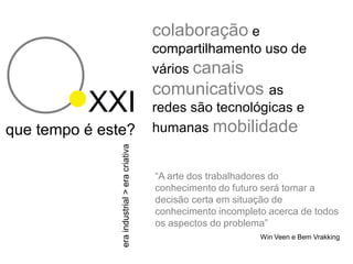 colaboração e
                                               compartilhamento uso de
                                               vários canais
                                               comunicativos as
          XXI                                  redes são tecnológicas e
que tempo é este?
               era industrial > era criativa   humanas mobilidade


                                               “A arte dos trabalhadores do
                                               conhecimento do futuro será tomar a
                                               decisão certa em situação de
                                               conhecimento incompleto acerca de todos
                                               os aspectos do problema”
                                                                     Win Veen e Bem Vrakking
 