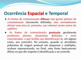 Ocorrência Espacial e Temporal
● As fontes de contaminação difusas não geram plumas de
contaminação claramente definidas, mas normalmente
afetam uma área (e, portanto, um volume) muito maior do
aqüífero
● As fontes de contaminação pontuais geralmente
produzem plumas claramente definidas e mais
concentradas, o que facilita sua identificação (e, em alguns
casos, seu controle). No entanto, quando as atividades
poluentes de origem pontual são pequenas e múltiplas,
acabam representando, no final, uma fonte basicamente
difusa no que diz respeito à identificação e ao controle.

 