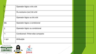 &

Operador lógico e bit a bit

^

Ou exclusivo (xor) bit a bit

!

Operador lógico ou bit a bit

&&

Operador lógico e condicional

||

Operador lógico ou condicional

?:

Condicional: if-then-else compacto

= op=

Atribuição

 