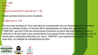 int l = 393;
byte b;
b = l;
System.out.println("O valor de b é " + b);
Neste exemplo teremos como resultado:
O Valor de b é -119
Por que isso aconteceu? Fica mais fácil de compreender isso se interpretarmos os números
acima na notação binária. O número 393 é representado em base dois pelo número
110001001, que tem 9 bits de comprimento (omitimos os zeros não significativos). Como a
variável b é do tipo byte e seu comprimento é de apenas 8 bits, teremos os 8 primeiros bits da
direita para a esquerda atribuídos a b, isto é, 10001001, que representa o número -119 em
base dois, na notação de complemento de dois..

 