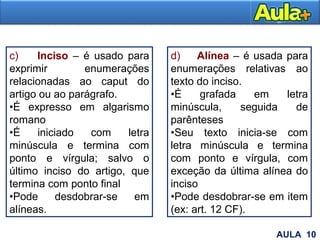 18
c) Inciso – é usado para
exprimir enumerações
relacionadas ao caput do
artigo ou ao parágrafo.
•É expresso em algarismo
romano
•É iniciado com letra
minúscula e termina com
ponto e vírgula; salvo o
último inciso do artigo, que
termina com ponto final
•Pode desdobrar-se em
alíneas.
d) Alínea – é usada para
enumerações relativas ao
texto do inciso.
•É grafada em letra
minúscula, seguida de
parênteses
•Seu texto inicia-se com
letra minúscula e termina
com ponto e vírgula, com
exceção da última alínea do
inciso
•Pode desdobrar-se em item
(ex: art. 12 CF).
AULA 10
 