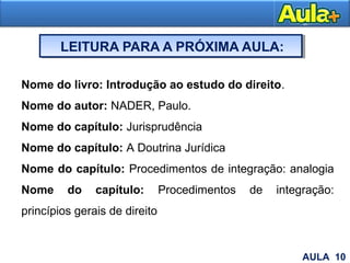 LEITURA PARA A PRÓXIMA AULA:
Nome do livro: Introdução ao estudo do direito.
Nome do autor: NADER, Paulo.
Nome do capítulo: Jurisprudência
Nome do capítulo: A Doutrina Jurídica
Nome do capítulo: Procedimentos de integração: analogia
Nome do capítulo: Procedimentos de integração:
princípios gerais de direito
29AULA 10
 