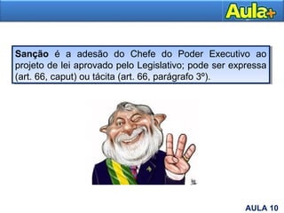 Sanção é a adesão do Chefe do Poder Executivo ao
projeto de lei aprovado pelo Legislativo; pode ser expressa
(art. 66, caput) ou tácita (art. 66, parágrafo 3º).
Sanção é a adesão do Chefe do Poder Executivo ao
projeto de lei aprovado pelo Legislativo; pode ser expressa
(art. 66, caput) ou tácita (art. 66, parágrafo 3º).
7AULA 10
 