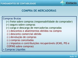 COMPRA DE MERCADORIAS 
Compras Brutas 
(+) frete sobre compras (responsabilidade do comprador) 
(+) seguro sobre compras 
(+) carga e descarga de mercadorias compradas 
Aula 10 
FUNDAMENTOS DE CONTABILIDADE 
13 
(-) descontos e abatimentos obtidos na compra 
(-) desconto comercial obtido 
(-) devolução de compras 
(-) compras canceladas 
(-) impostos e contribuições recuperáveis (ICMS, PIS e 
COFINS sobre compras) 
= Compras Liquidas 
 