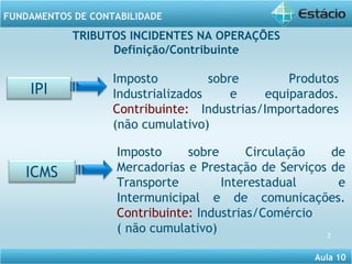 Aula 10 
FUNDAMENTOS DE CONTABILIDADE 
2 
IPI 
ICMS 
TRIBUTOS INCIDENTES NA OPERAÇÕES 
Definição/Contribuinte 
Imposto sobre Produtos 
Industrializados e equiparados. 
Contribuinte: Industrias/Importadores 
(não cumulativo) 
Imposto sobre Circulação de 
Mercadorias e Prestação de Serviços de 
Transporte Interestadual e 
Intermunicipal e de comunicações. 
Contribuinte: Industrias/Comércio 
( não cumulativo) 
 