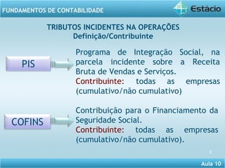 Aula 10 
FUNDAMENTOS DE CONTABILIDADE 
3 
PIS 
COFINS 
TRIBUTOS INCIDENTES NA OPERAÇÕES 
Definição/Contribuinte 
Programa de Integração Social, na 
parcela incidente sobre a Receita 
Bruta de Vendas e Serviços. 
Contribuinte: todas as empresas 
(cumulativo/não cumulativo) 
Contribuição para o Financiamento da 
Seguridade Social. 
Contribuinte: todas as empresas 
(cumulativo/não cumulativo). 
 