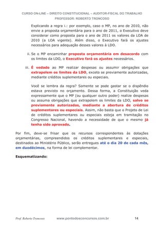 CURSO ON-LINE – DIREITO CONSTITUCIONAL – AUDITOR-FISCAL DO TRABALHO
PROFESSOR: ROBERTO TRONCOSO
Prof. Roberto Troncoso www.pontodosconcursos.com.br 14
Explicando a regra i.: por exemplo, caso o MP, no ano de 2010, não
envie a proposta orçamentária para o ano de 2011, o Executivo deve
considerar como proposta para o ano de 2011 os valores da LOA de
2010 (a LOA vigente). Além disso, o Executivo fará os ajustes
necessários para adequação desses valores à LDO.
ii. Se o MP encaminhar proposta orçamentária em desacordo com
os limites da LDO, o Executivo fará os ajustes necessários.
iii. É vedado ao MP realizar despesas ou assumir obrigações que
extrapolem os limites da LDO, exceto se previamente autorizadas,
mediante créditos suplementares ou especiais.
Você se lembra da regra? Somente se pode gastar se o dispêndio
estava previsto no orçamento. Dessa forma, a Constituição veda
expressamente que o MP (ou qualquer outro poder) realize despesas
ou assuma obrigações que extrapolem os limites da LDO, salvo se
previamente autorizadas, mediante a abertura de créditos
suplementares ou especiais. Assim, não basta que o Projeto de Lei
de créditos suplementares ou especiais esteja em tramitação no
Congresso Nacional, havendo a necessidade de que o mesmo já
tenha sido aprovado.
Por fim, deve-se frisar que os recursos correspondentes às dotações
orçamentárias, compreendidos os créditos suplementares e especiais,
destinados ao Ministério Público, serão entregues até o dia 20 de cada mês,
em duodécimos, na forma de lei complementar.
Esquematizando:
 