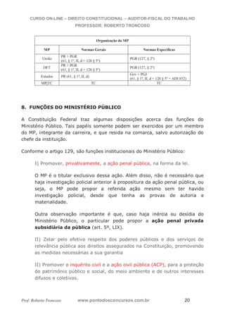 CURSO ON-LINE – DIREITO CONSTITUCIONAL – AUDITOR-FISCAL DO TRABALHO
PROFESSOR: ROBERTO TRONCOSO
Prof. Roberto Troncoso www.pontodosconcursos.com.br 20
8. FUNÇÕES DO MINISTÉRIO PÚBLICO
A Constituição Federal traz algumas disposições acerca das funções do
Ministério Público. Tais papéis somente podem ser exercidos por um membro
do MP, integrante da carreira, e que resida na comarca, salvo autorização do
chefe da instituição.
Conforme o artigo 129, são funções institucionais do Ministério Público:
I) Promover, privativamente, a ação penal pública, na forma da lei.
O MP é o titular exclusivo dessa ação. Além disso, não é necessário que
haja investigação policial anterior à propositura da ação penal pública, ou
seja, o MP pode propor a referida ação mesmo sem ter havido
investigação policial, desde que tenha as provas de autoria e
materialidade.
Outra observação importante é que, caso haja inércia ou desídia do
Ministério Público, o particular pode propor a ação penal privada
subsidiária da pública (art. 5º, LIX).
II) Zelar pelo efetivo respeito dos poderes públicos e dos serviços de
relevância pública aos direitos assegurados na Constituição, promovendo
as medidas necessárias a sua garantia
II) Promover o inquérito civil e a ação civil pública (ACP), para a proteção
do patrimônio público e social, do meio ambiente e de outros interesses
difusos e coletivos.
Organização do MP
MP Normas Gerais Normas Específicas
União
PR + PGR
(61, § 1º, II, d + 128 § 5º)
PGR (127, § 2º)
DFT
PR + PGR
(61, § 1º, II, d + 128 § 5º)
PGR (127, § 2º)
Estados PR (61, § 1º, II, d)
Gov + PGJ
(61, § 1º, II, d + 128 § 5º + ADI 852)
MPjTC TC TC
 