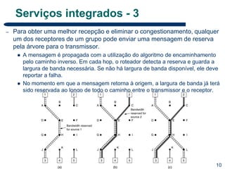 10Gustavo S. Pavani
Serviços integrados - 3
– Para obter uma melhor recepção e eliminar o congestionamento, qualquer
um dos receptores de um grupo pode enviar uma mensagem de reserva
pela árvore para o transmissor.
 A mensagem é propagada com a utilização do algoritmo de encaminhamento
pelo caminho inverso. Em cada hop, o roteador detecta a reserva e guarda a
largura de banda necessária. Se não há largura de banda disponível, ele deve
reportar a falha.
 No momento em que a mensagem retorna à origem, a largura de banda já terá
sido reservada ao longo de todo o caminho entre o transmissor e o receptor.
 