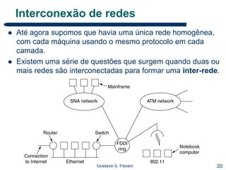 20Gustavo S. Pavani
Interconexão de redes
 Até agora supomos que havia uma única rede homogênea,
com cada máquina usando o mesmo protocolo em cada
camada.
 Existem uma série de questões que surgem quando duas ou
mais redes são interconectadas para formar uma inter-rede.
 