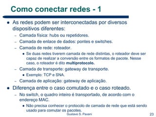 23Gustavo S. Pavani
Como conectar redes - 1
 As redes podem ser interconectadas por diversos
dispositivos diferentes:
– Camada física: hubs ou repetidores.
– Camada de enlace de dados: pontes e switches.
– Camada de rede: roteador.
 Se duas redes tiverem camada de rede distintas, o roteador deve ser
capaz de realizar a conversão entre os formatos de pacote. Nesse
caso, o roteador é dito multiprotocolo.
– Camada de transporte: gateway de transporte.
 Exemplo: TCP e SNA.
– Camada de aplicação: gateway de aplicação.
 Diferença entre o caso comutado e o caso roteado.
– No switch, o quadro inteiro é transportado, de acordo com o
endereço MAC.
 Não precisa conhecer o protocolo de camada de rede que está sendo
usado para comutar os pacotes.
 
