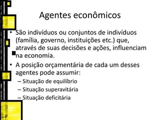 Agentes econômicos
• São indivíduos ou conjuntos de indivíduos
(família, governo, instituições etc.) que,
através de suas decisões e ações, influenciam
na economia.
• A posição orçamentária de cada um desses
agentes pode assumir:
– Situação de equilíbrio
– Situação superavitária
– Situação deficitária
 