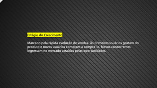 Estágio do Crescimento
Marcado pela rápida evolução de vendas. Os primeiros usuários gostam do
produto e novos usuários começam a compra-lo. Novos concorrentes
ingressam no mercado atraídos pelas oportunidades.
 