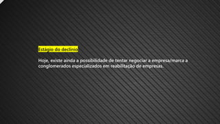 Estágio do declínio
Hoje, existe ainda a possibilidade de tentar negociar a empresa/marca a
conglomerados especializados em reabilitação de empresas.
 