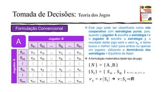 Tomada de Decisões: Teoria dos Jogos
Formulação Convencional
v11 v12 ... v1j ... v1n
v21 v22 ... v2j ... v2n
⁝ ⁝ ⁝ ⁝ ⁝ ⁝
vi1 vi2 ... vij ... vin
⁝ ⁝ ⁝ ⁝ ⁝ ⁝
vm1 vm2 ... vmj ... vmn
SA1
SA2
⁝
SAi
⁝
SAm
SB1 SB2 ... SBj ... SBn
JogadorA
Jogador B
❖ Este jogo pode ser classificado como não
cooperativo com estratégias puras, pois,
quando o jogador A escolhe a estratégia i e
o jogador B escolhe a estratégia j, o
resultado deste jogo será o valor vij; a teoria
busca o melhor valor para ambos ou apenas
um jogador, utilizando a dominância das
estratégias = Equilíbrio de Nash.
❖ A formulação matemática deste tipo de jogo:
A
 