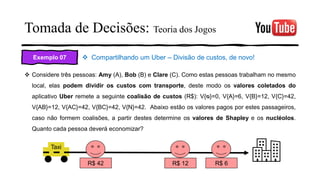 Tomada de Decisões: Teoria dos Jogos
Exemplo 07 ❖ Compartilhando um Uber – Divisão de custos, de novo!
❖ Considere três pessoas: Amy (A), Bob (B) e Clare (C). Como estas pessoas trabalham no mesmo
local, elas podem dividir os custos com transporte, deste modo os valores coletados do
aplicativo Uber remete a seguinte coalisão de custos (R$): V{ᴓ}=0, V{A}=6, V{B}=12, V{C}=42,
V{AB}=12, V{AC}=42, V{BC}=42, V{N}=42. Abaixo estão os valores pagos por estes passageiros,
caso não formem coalisões, a partir destes determine os valores de Shapley e os nucléolos.
Quanto cada pessoa deverá economizar?
Taxi
R$ 42 R$ 12 R$ 6
 