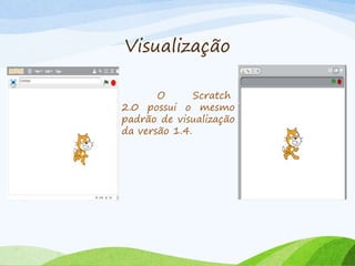 Visualização
O Scratch
2.0 possui o mesmo
padrão de visualização
da versão 1.4.
 