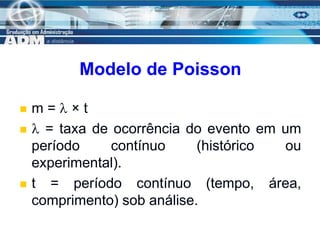 14
Modelo de Poisson
 m =  × t
  = taxa de ocorrência do evento em um
período contínuo (histórico ou
experimental).
 t = período contínuo (tempo, área,
comprimento) sob análise.
 