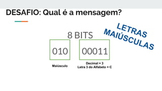 DESAFIO: Qual é a mensagem?
8 BITS
010 00011
Maiúsculo
Decimal = 3
Letra 3 do Alfabeto = C
 