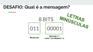 DESAFIO: Qual é a mensagem?
8 BITS
011 00001
Minúsculo
Decimal = 1
Letra 1 do Alfabeto = a
 