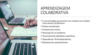 APRENDIZAGEM
COLABORATIVA
É uma estratégia que permite uma mudança nas relações
entre alunos e professores;
Esforço coordenado;
Compromisso mútuo;
Resolução de um problema;
Desenvolvendo habilidades específicas;
Dependentes Interdependentes;
Mudanças de comportamento.
 