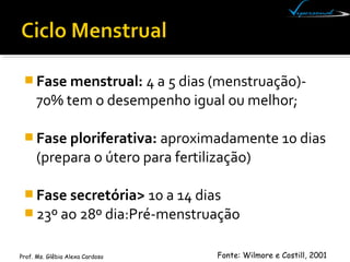  Fase menstrual: 4 a 5 dias (menstruação)-
70% tem o desempenho igual ou melhor;
 Fase ploriferativa: aproximadamente 10...