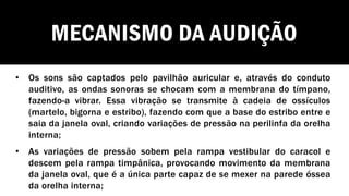 MECANISMO DA AUDIÇÃO
• Os sons são captados pelo pavilhão auricular e, através do conduto
auditivo, as ondas sonoras se chocam com a membrana do tímpano,
fazendo-a vibrar. Essa vibração se transmite à cadeia de ossículos
(martelo, bigorna e estribo), fazendo com que a base do estribo entre e
saia da janela oval, criando variações de pressão na perilinfa da orelha
interna;
• As variações de pressão sobem pela rampa vestibular do caracol e
descem pela rampa timpânica, provocando movimento da membrana
da janela oval, que é a única parte capaz de se mexer na parede óssea
da orelha interna;
 