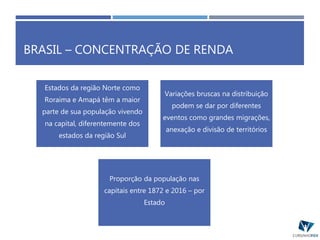 BRASIL – CONCENTRAÇÃO DE RENDA
Estados da região Norte como
Roraima e Amapá têm a maior
parte de sua população vivendo
na capital, diferentemente dos
estados da região Sul
Variações bruscas na distribuição
podem se dar por diferentes
eventos como grandes migrações,
anexação e divisão de territórios
Proporção da população nas
capitais entre 1872 e 2016 – por
Estado
 
