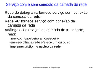 Serviço com e sem conexão da camada de rede

Rede de datagrama fornece serviço sem conexão
 da camada de rede
Rede VC fornece serviço com conexão da
 camada de rede
Análogo aos serviços da camada de transporte,
 mas:
  −
   serviço: hospedeiro a hospedeiro
  −
   sem escolha: a rede oferece um ou outro
  −
   implementação: no núcleo da rede




                 Fundamentos de Redes de Computadores   12/42
 