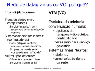 Rede de datagramas ou VC: por quê?
Internet (datagrama)                        ATM (VC)
Troca de dados entre
  computadores                              Evoluída da telefonia
  −   Serviço “elástico”, sem               conversação humana:
       requisitos de temporização                 −
                                                   requisitos de
       estritos
Sistemas finais “inteligentes”
                                                     temporização estritos,
  (computadores)                                     confiabilidade
  −Pode adaptar, realizar
                                                  −
                                                   necessário para serviço
    controle, recup. de erros                        garantido
  −Simples dentro da rede,

    complexidade na “borda”
                                            sistemas finais “burros”
Muitos tipos de enlace
                                                  −
                                                   telefones
  −Diferentes características                     −
                                                   complexidade dentro
  −Serviço uniforme difícil                          da rede
                         Fundamentos de Redes de Computadores                 19/42
 