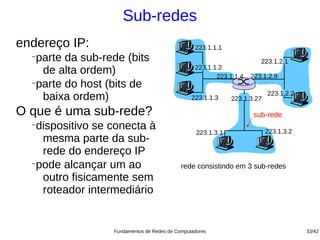 Sub-redes
endereço IP:                                     223.1.1.1
  −
   parte da sub-rede (bits                                             223.1.2.1
    de alta ordem)                               223.1.1.2
                                                        223.1.1.4   223.1.2.9
  −
   parte do host (bits de
                                                                           223.1.2.2
    baixa ordem)                                223.1.1.3     223.1.3.27

O que é uma sub-rede?                                                sub-rede
  −
   dispositivo se conecta à                       223.1.3.1                223.1.3.2
    mesma parte da sub-
    rede do endereço IP
  −
   pode alcançar um ao                      rede consistindo em 3 sub-redes
    outro fisicamente sem
    roteador intermediário


                  Fundamentos de Redes de Computadores                                 33/42
 