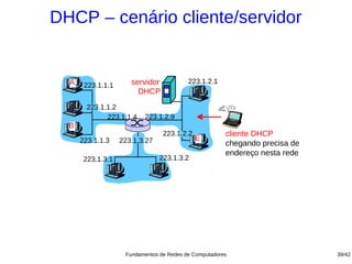 DHCP – cenário cliente/servidor


  A                   servidor            223.1.2.1
       223.1.1.1
                        DHCP
        223.1.1.2
              223.1.1.4   223.1.2.9
  B
                                 223.1.2.2             cliente DHCP
      223.1.1.3    223.1.3.27                E
                                                       chegando precisa de
                                                       endereço nesta rede
       223.1.3.1                223.1.3.2




                    Fundamentos de Redes de Computadores                     39/42
 