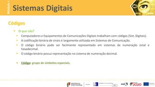 Códigos
 O que são?
 Computadores e Equipamentos de Comunicações Digitais trabalham com códigos (Sist. Digitais).
 A codificação binária de sinais é largamente utilizada em Sistemas de Comunicação.
 O código binário pode ser facilmente representado em sistemas de numeração octal e
hexadecimal.
 O código binário possui representação no sistema de numeração decimal.
 Código: grupo de símbolos especiais.
Sistemas Digitais
Módulo
1
 