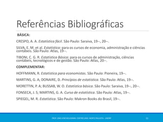 Referências Bibliográficas 
BÁSICA: 
CRESPO, A. A. Estatística fácil. São Paulo: Saraiva, 19--, 20--. 
SILVA, E. M. et al. Estatística: para os cursos de economia, administração e ciências 
contábeis. São Paulo: Atlas, 19--. 
TIBONI, C. G. R. Estatística Básica: para os cursos de administração, ciências 
contábeis, tecnológicos e de gestão. São Paulo: Atlas, 20--. 
COMPLEMENTAR: 
HOFFMANN, R. Estatística para economistas. São Paulo: Pioneira, 19--. 
MARTINS, G. A; DONAIRE, D. Princípios de estatística. São Paulo: Atlas, 19--. 
MORETTIN, P. A; BUSSAB, W. O. Estatística básica. São Paulo: Saraiva, 19--, 20--. 
FONSECA, J. S; MARTINS, G. A. Curso de estatística. São Paulo: Atlas, 19--. 
SPIEGEL, M. R. Estatística. São Paulo: Makron Books do Brasil, 19--. 
PROF. ENIO JOSÉ BOLOGNINI CENTRO UNIV. NORTE PAULISTA - UNORP 11 
